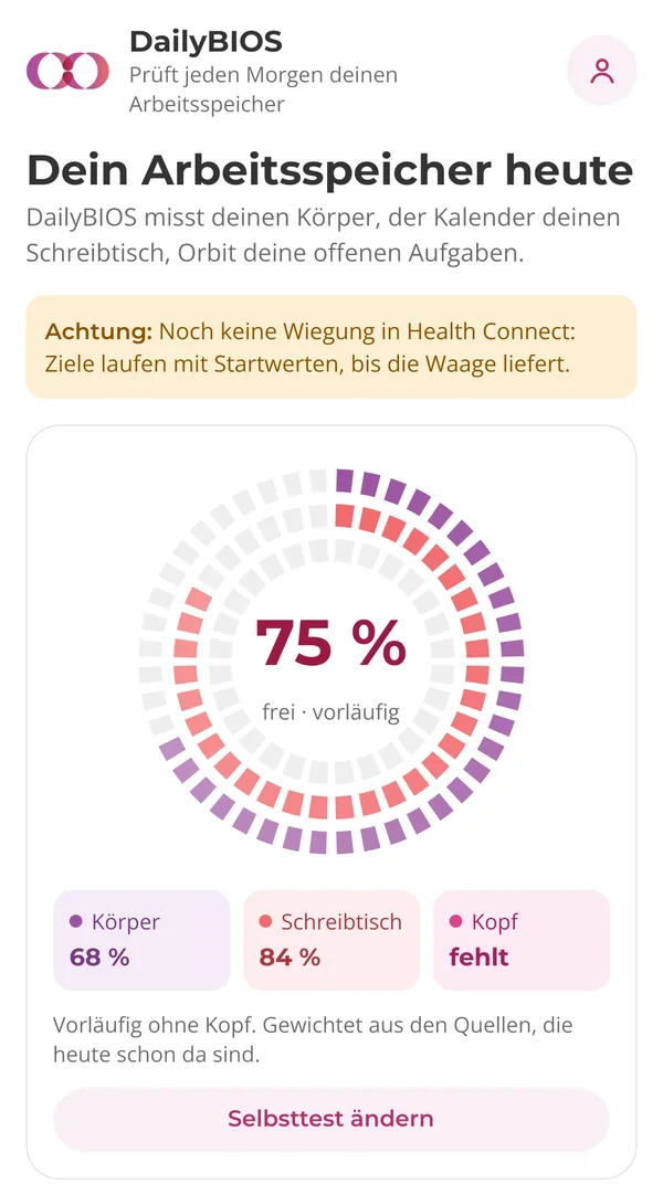 DailyBIOS auf dem Handy: Dein Arbeitsspeicher heute, 75 Prozent frei, mit Testdaten