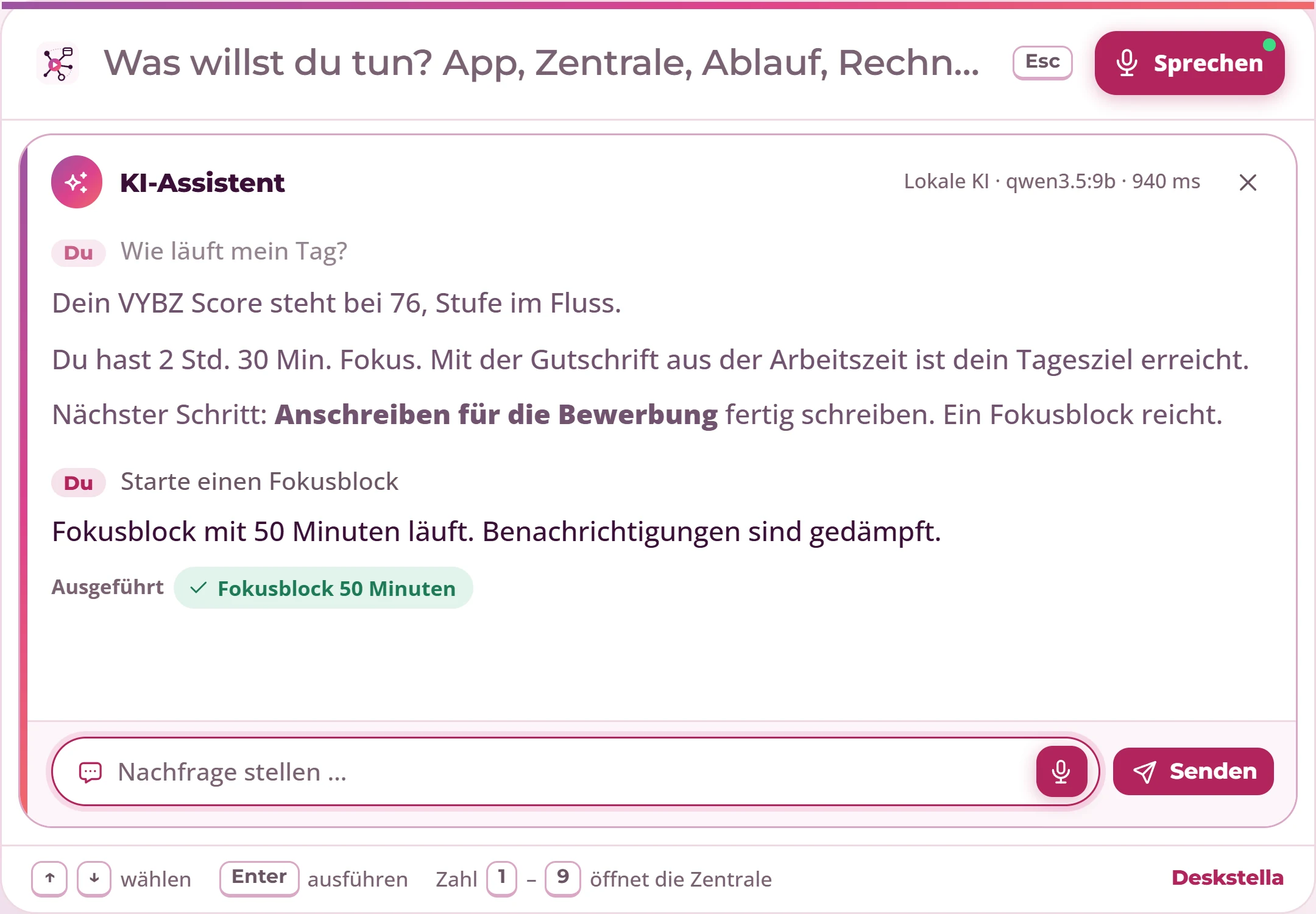 Befehlsfenster von Deskstella mit lokaler KI-Antwort und Aktion, mit Beispieldaten