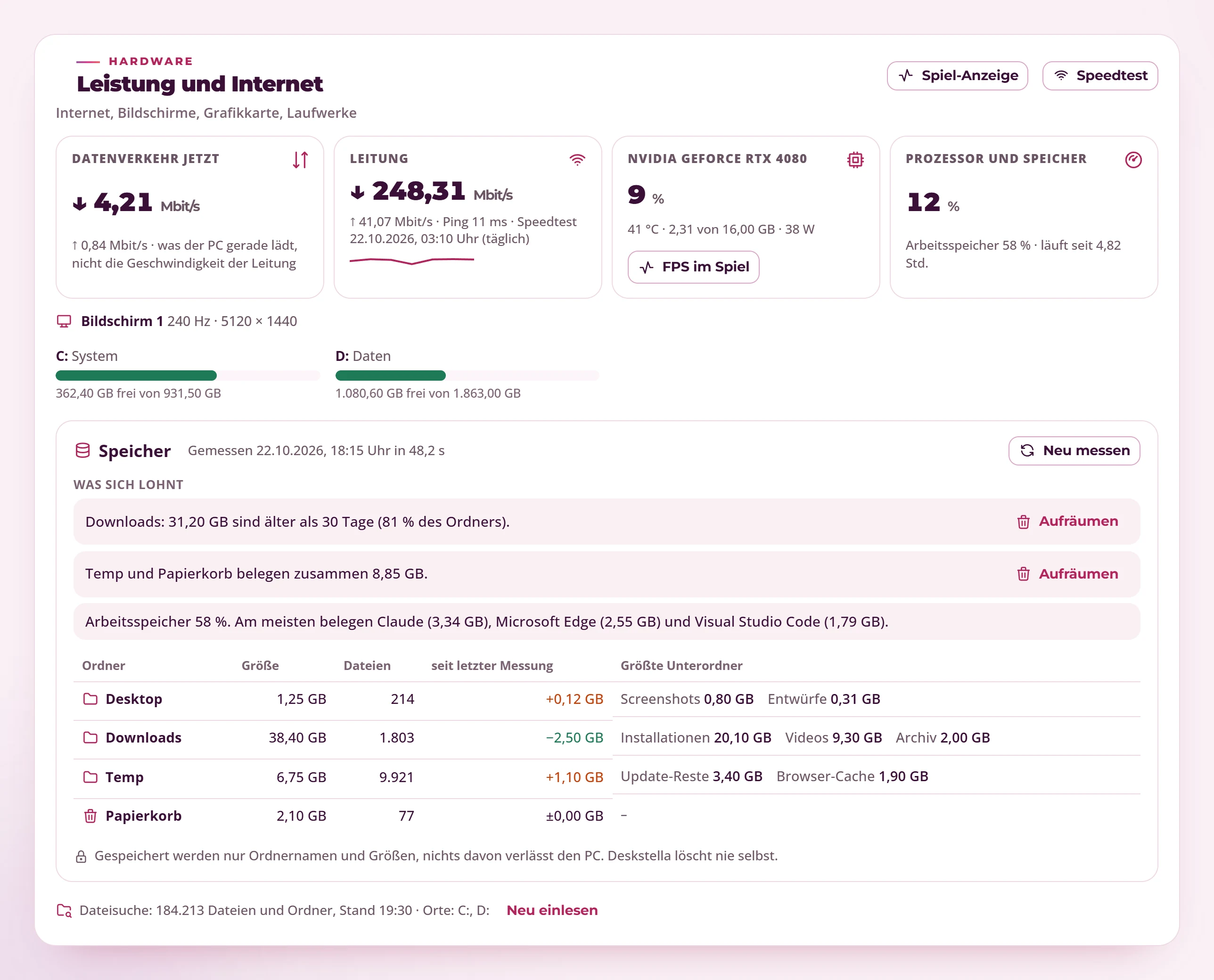 Leistung und Internet in Deskstella mit Hardwarewerten, Laufwerken und einer Speicherübersicht mit Beispieldaten