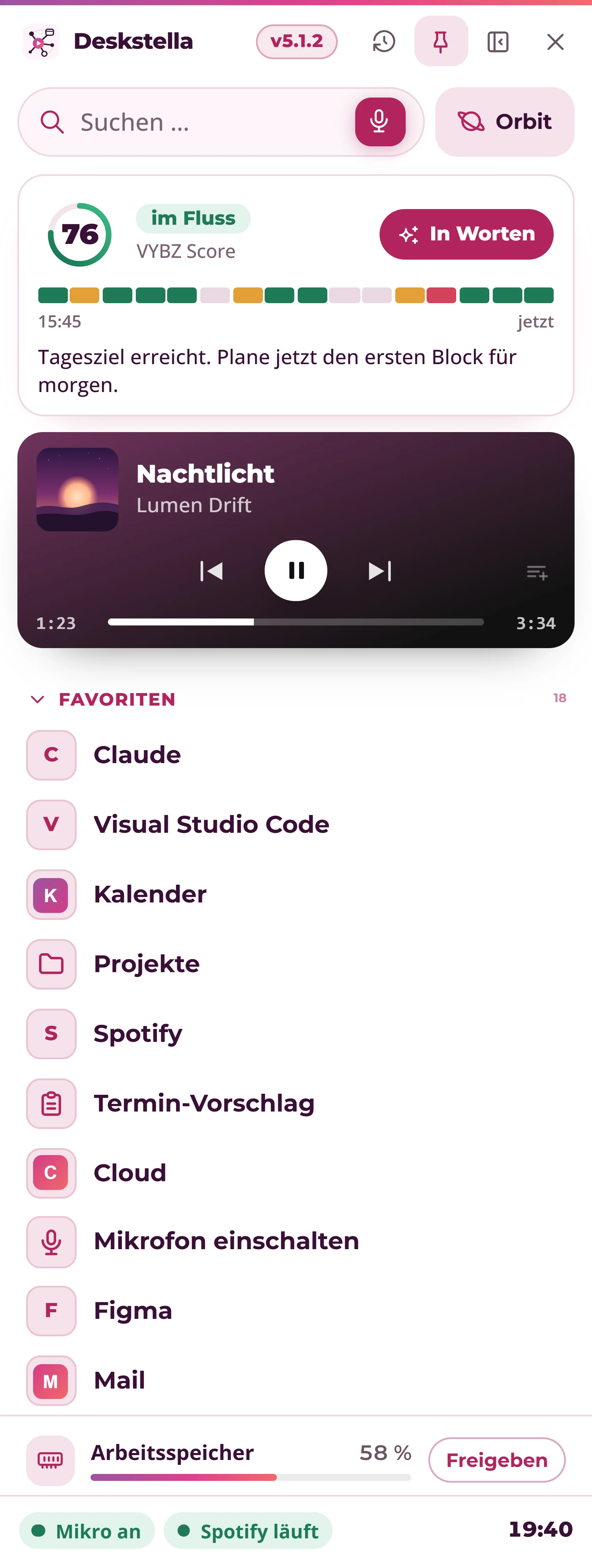 Seitenleiste von Deskstella mit Suche, Orbit, VYBZ Score, Musik und Favoriten