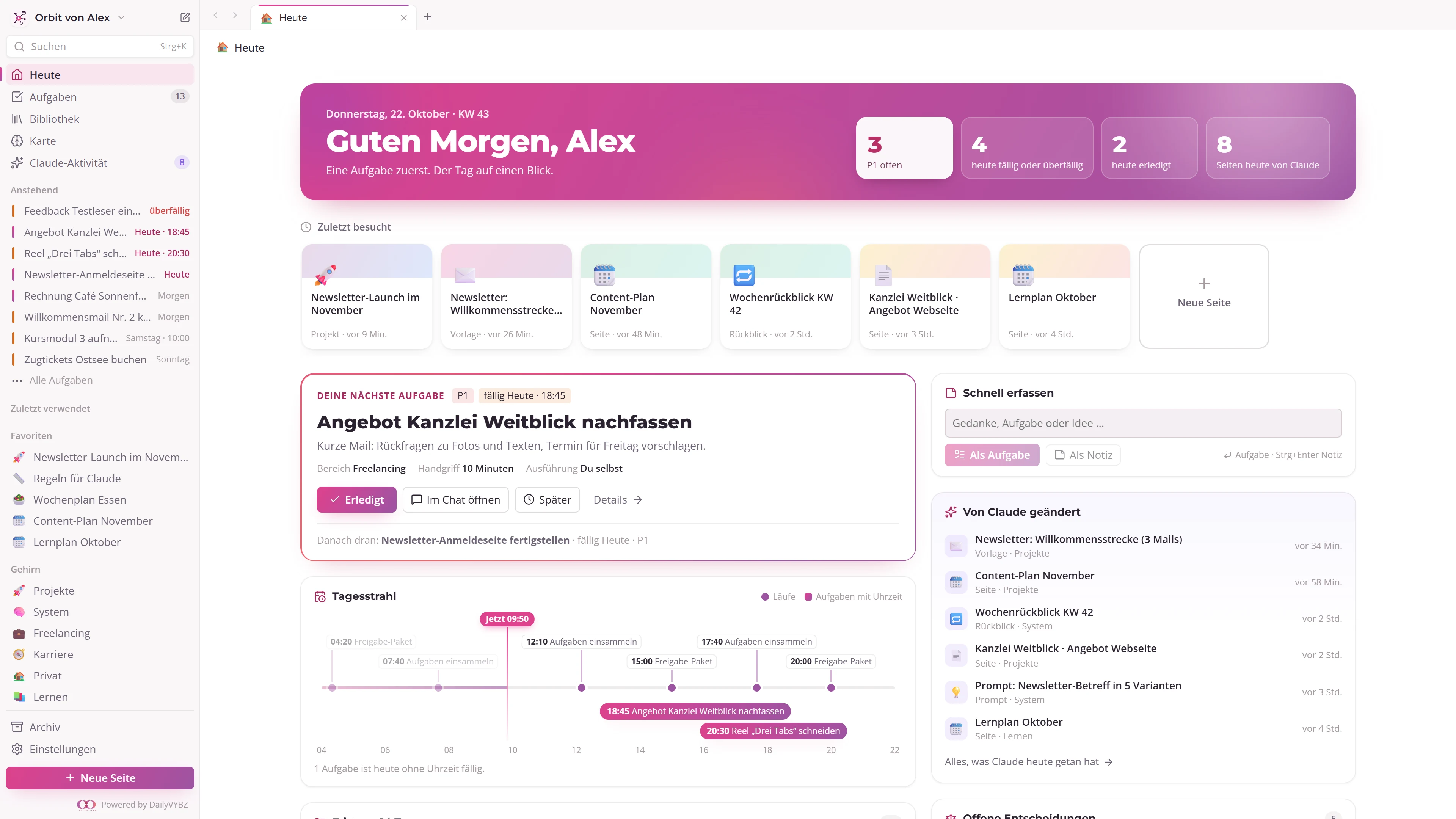 Heute-Ansicht von Deskstella Orbit mit nächster Aufgabe, Tagesstrahl und Änderungen für die Beispielperson Alex