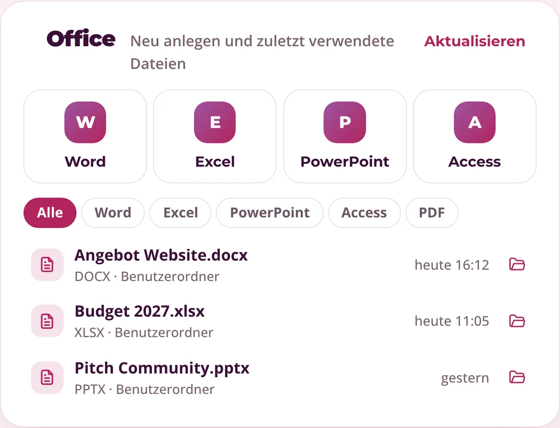 Baustein Office mit neuen Word-, Excel- und PowerPoint-Dateien und zuletzt verwendeten Dateien