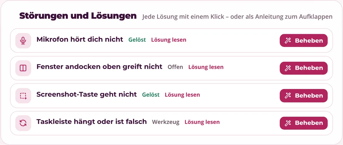 Baustein Störungen und Lösungen mit gelösten und offenen PC-Problemen und Knopf Beheben